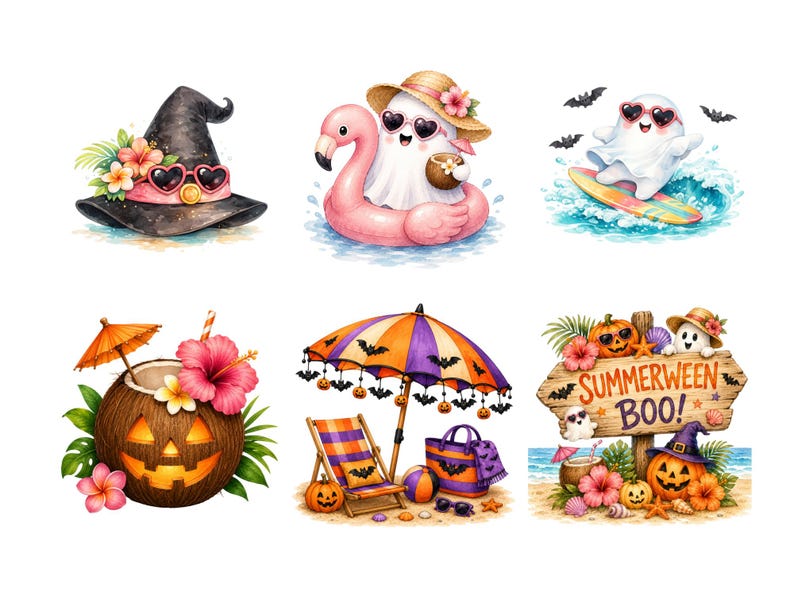 May include: A collection of six Summerween illustrations featuring a witch hat with flowers, a ghost in a flamingo floatie, a surfing ghost, a coconut jack-o'-lantern, a beach setup with a bat umbrella, and a sign reading Summerween Boo.