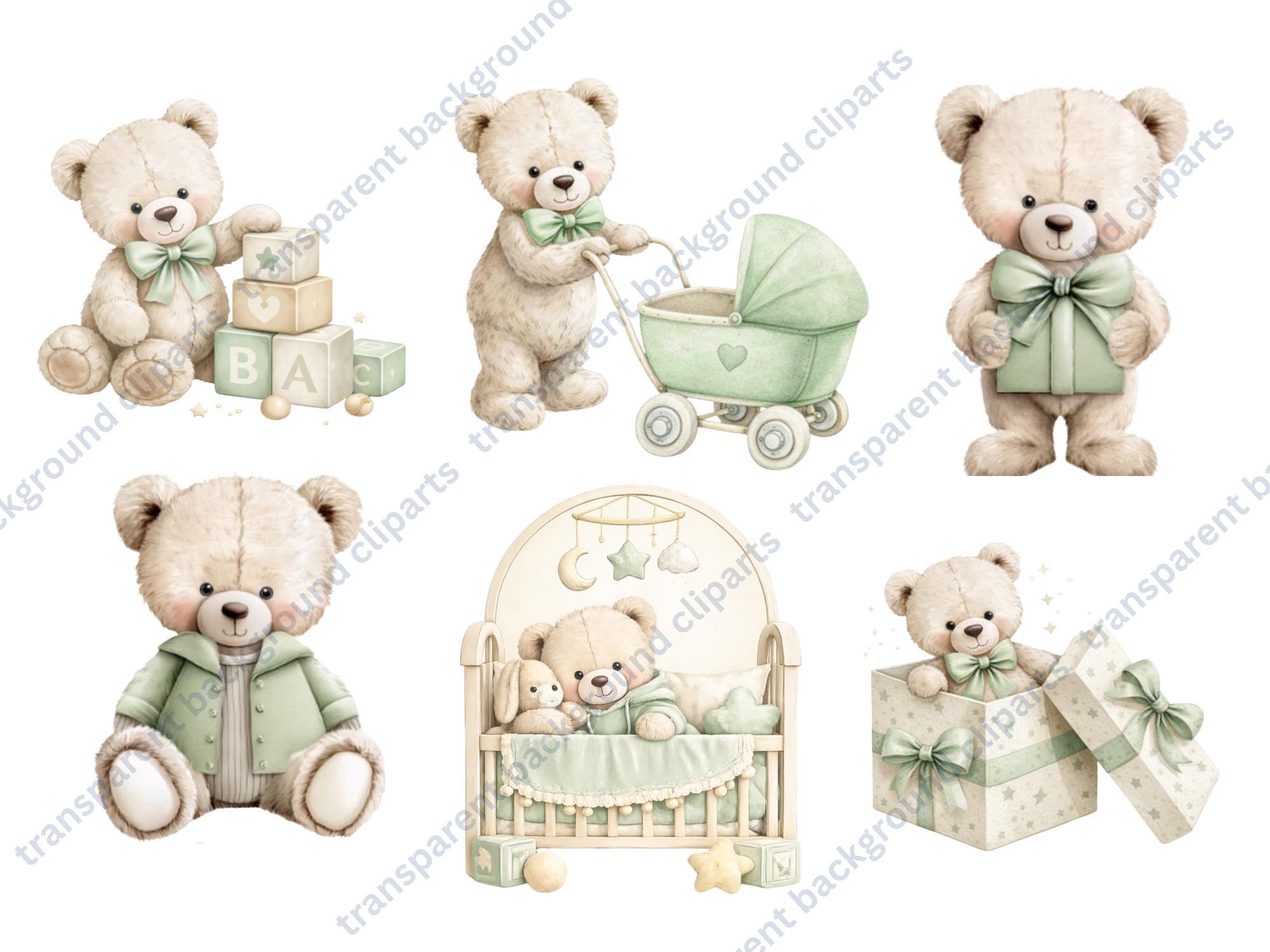Green Teddy Bear Clipart Bundle PNG | Baby Boy Shower Clipart ...