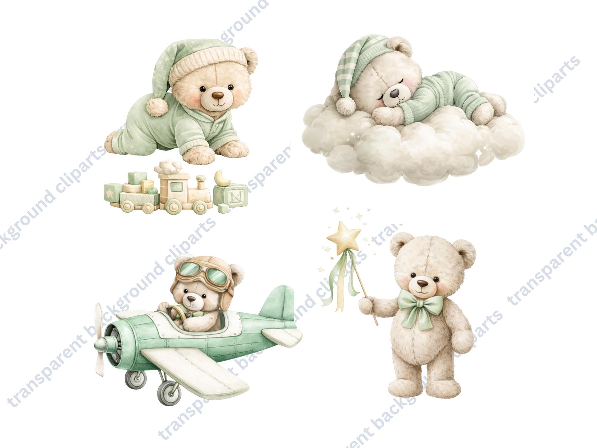 Green Teddy Bear Clipart Bundle PNG | Baby Boy Shower Clipart ...