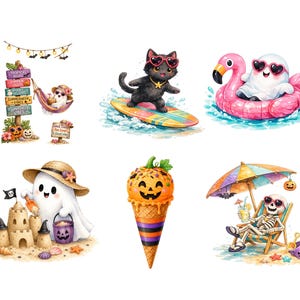 May include: A collection of six summer-themed Halloween illustrations featuring a ghost in a hammock, a black cat surfing, a ghost on a pink flamingo float, a ghost building a sandcastle, a pumpkin ice cream cone, and a skeleton in a beach chair.