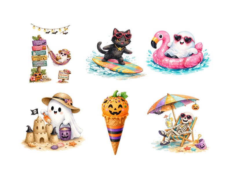 May include: A collection of six summer-themed Halloween illustrations featuring a ghost in a hammock, a black cat surfing, a ghost on a pink flamingo float, a ghost building a sandcastle, a pumpkin ice cream cone, and a skeleton in a beach chair.