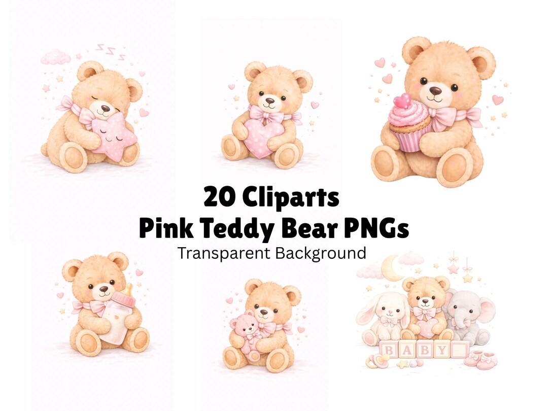 Pink Teddy Bear Clipart Bundle | Baby Girl Teddy Bear PNG | Baby Shower ...