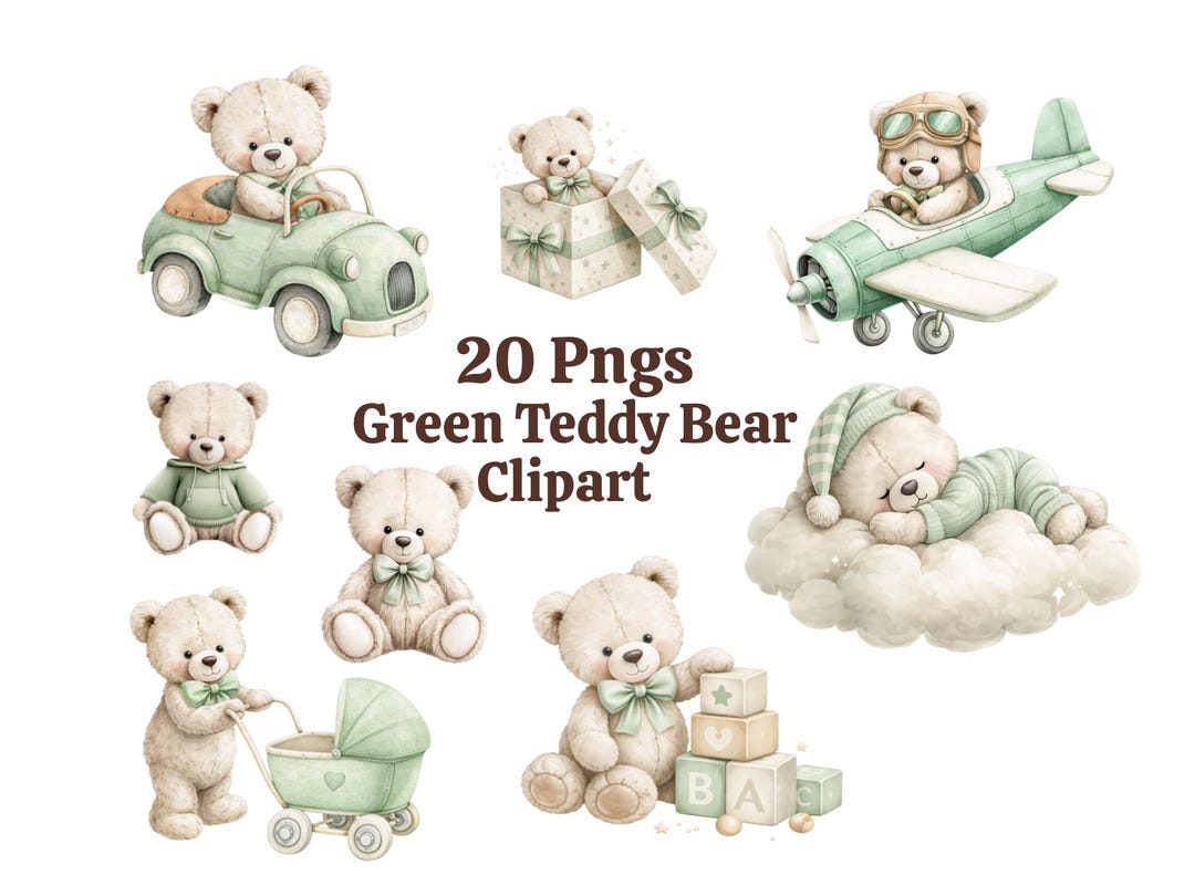 Green Teddy Bear Clipart Bundle | Teddy Bear PNG | Baby Shower Clipart ...