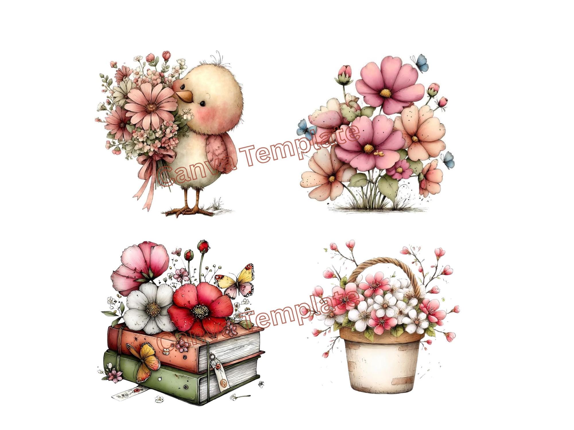 Whimsical Spring Flowers Clipart Bundle | Cute Bunny Floral PNG ...