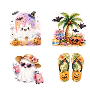May include: A collection of four illustrations featuring a pastel ice cream pop with a witch hat, a palm tree with a pumpkin wearing sunglasses, a ghost with a straw hat and suitcase, and a pair of flip-flops decorated with pumpkin faces.
