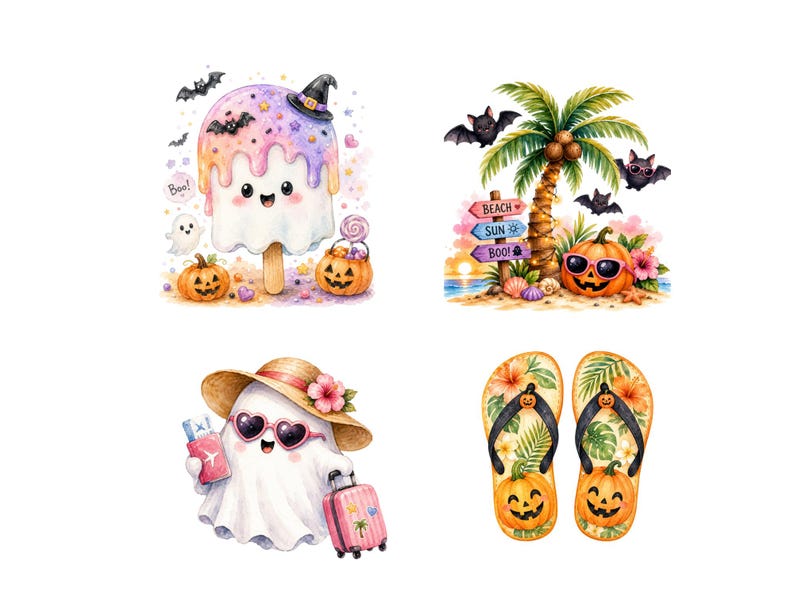 May include: A collection of four illustrations featuring a pastel ice cream pop with a witch hat, a palm tree with a pumpkin wearing sunglasses, a ghost with a straw hat and suitcase, and a pair of flip-flops decorated with pumpkin faces.