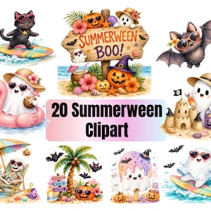 May include: A collection of 20 Summerween clipart illustrations featuring ghosts, pumpkins, a skeleton, and a black cat in beach settings. Elements include surfboards, tropical flowers, palm trees, sandcastles, and sunglasses. Text reads 20 Summerween Clipart and SUMMERWEEN BOO!