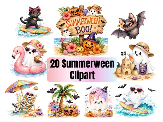 Summerween Clipart Bundle | Beach Halloween PNG | Cute Ghost Summer Graphics | Watercolor Sublimation Designs | Instant Download
