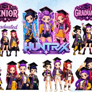 Puede incluir: Ilustración digital con personajes de estilo anime con atuendos de graduación. La imagen incluye las palabras "Senior" y "Graduated" con el texto "Class of 2026". Los personajes visten gorros, togas y chaquetas de graduación en varios colores.