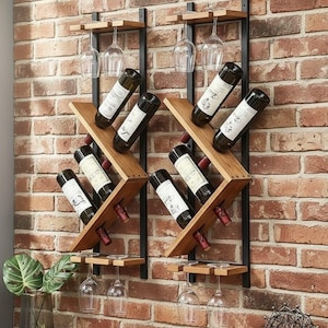 May include: Two wooden wine racks with black metal frames are mounted on a brick wall. Each rack holds wine bottles and has a shelf for wine glasses. The wine bottles are angled for display.