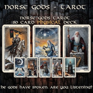Puede incluir: Una baraja de cartas de tarot titulada "Norse Gods - Tarot" con 80 cartas. La imagen presenta varias cartas con ilustraciones de dioses nórdicos y el texto "The gods have spoken. Are you listening?"