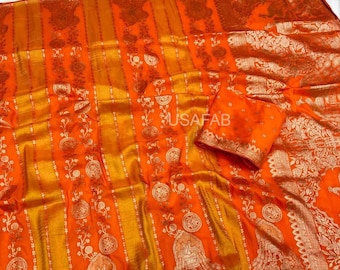 Elegant Tissue Silk Saree with Double Zari Jacquard Work, Twin Peacock Body Design & Rich Pallu Detailing And Matching Running Blouse Saree