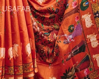 Festive Wear Dhanwari Silk Saree,Traditional Pichwai Artwork,Lightweight Feel & Zari Border Detailing