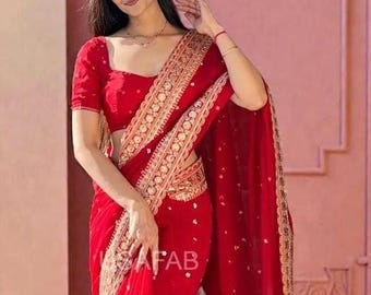 Pure Georgette Saree,Sequin Embroidery,Dori Work,Lace Border,Designer Blouse Fabric,Wedding & Party Wear Saree,Indian Ethnic Wear
