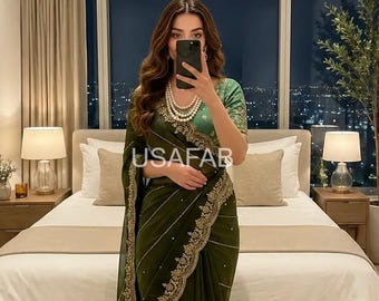 Party Wear Fendy Satin Saree,Sequin Embroidery Work Border,Designer saree,Indian saree,Heavy Work Saree