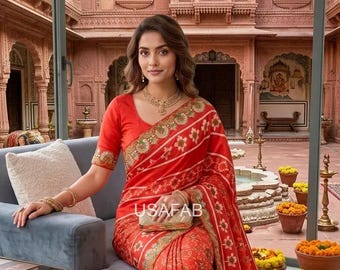 Vichitra Silk Patola Saree,Floral Embroidered Lace Border,Designer Printed Saree,Festive Wedding Saree For Women's