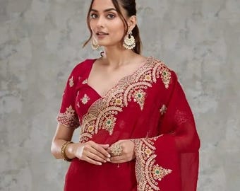 Premium Satin Silk Saree,C-pallu Embroidery,Multi Thread Work,Arco Cut Work Border | Satin Banglory Embroidered Blouse,Indian Wedding Saree