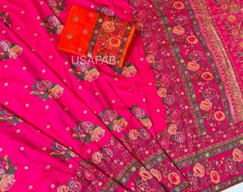 Traditional Rajwada Pashmina Silk Saree with Heavy Floral Embroidery Border, Rich Pallu and Running Blouse Piece Saree