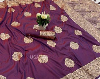 Sari de seda suave premium de Banarasi, tejido de buti de zari dorado, pallu de zari rico, ropa festiva para bodas, sari indio de diseñador, sari de seda tradicional.