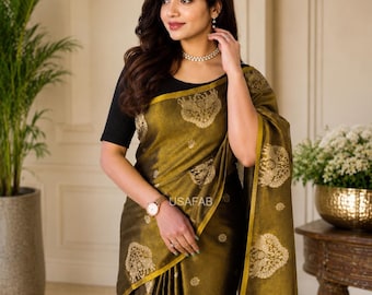 Tissue Silk Weaving Saree, Zari work All Over Elephant Pattern Border and Floral Butti Motifs, Wedding wear saree
