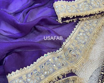 Purple Satin Silk Saree, Pearl and Mirror Work, Designer Lace Border (Unstitched Blouse)