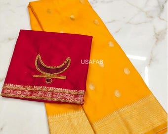 Elegant Festive Banarasi Silk Saree, Self Weaving Work Rich Pallu, Paired with Butti and Handwork Contrast Blouse Saree
