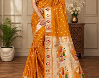 Designer Dola Silk Bandhej Paithani Saree, Handmade Bandhani, Dual Side Gold Zari Border, Rich Woven  Pallu, Party Wear Saree
