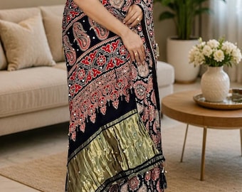 Original Ajrakh Gajji Bandhej Silk Saree with Mirror Work  Heavy Designer, Gujarati, Wedding wear saree