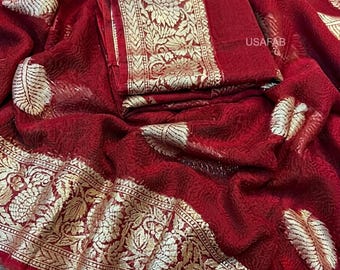 Georgette Saree Viscose Leaf Jacquard, All-Over Weaving Design Rich Pallu, Wedding wear, Designer saree
