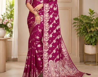 Georgette Silk Banarasi Saree, Leheriya Weaving, Gold Zari Woven Border, Rich Pallu, Designer Saree