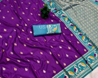 Pure Banarasi Silk Saree for Women,Soft Self-Weaving Saree with Zari Weaving Rich Pallu,Contrast Silk Weaving Blouse,Wedding Saree