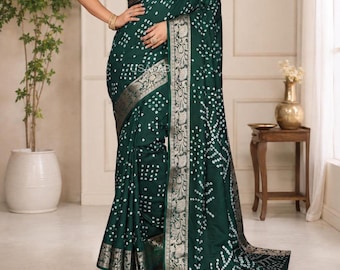 Bandhej Silk Saree, Zari Weaving Border, Designer Morpankh Pattern  Rich Woven Pallu, Traditional saree