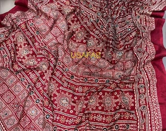 Soft Crepe Silk Saree with Beautiful Ajrakh Print,Real Mirror Work & Zari work,Premium Crepe Silk Saree with Blouse,Traditional Saree