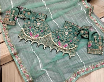 Net Saree with Embroidery,Dori Sequins Work,Diamond Handwork Border,Paired with Kasturi Silk Blouse,Heavy Embroidery ,Pearl Work