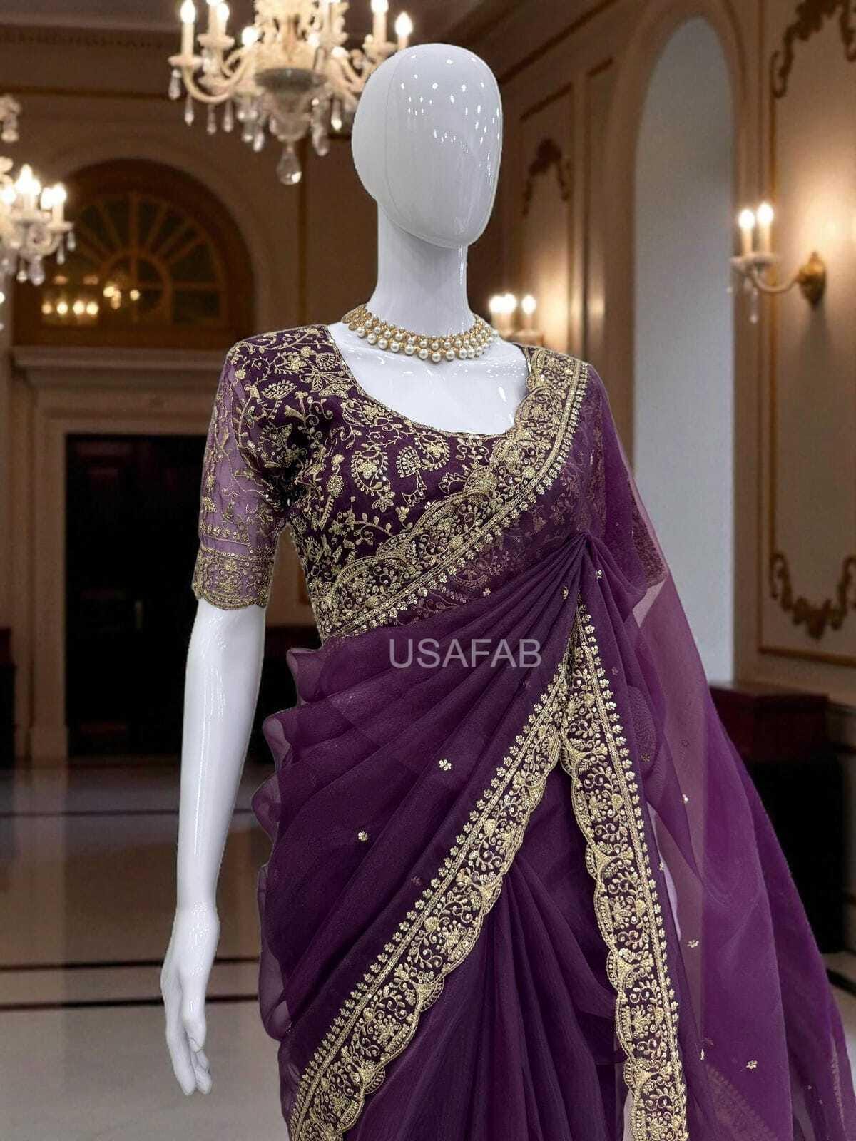 Embroidered Organza Silk Saree, Zari Thread Sequence Work, Wedding Wear