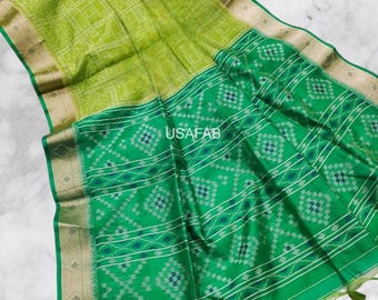 Desi Raw Silk Saree,Beautiful contrast weaved Ikkat Pallu,Zari Woven Border,Fancy Tassels and Contrast Blouse Piece