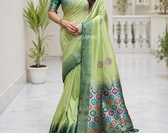 Dola Silk Saree, with All Over Unique Butta Design Rich Weaving Pallu Elegant Contrast Border, Designer saree