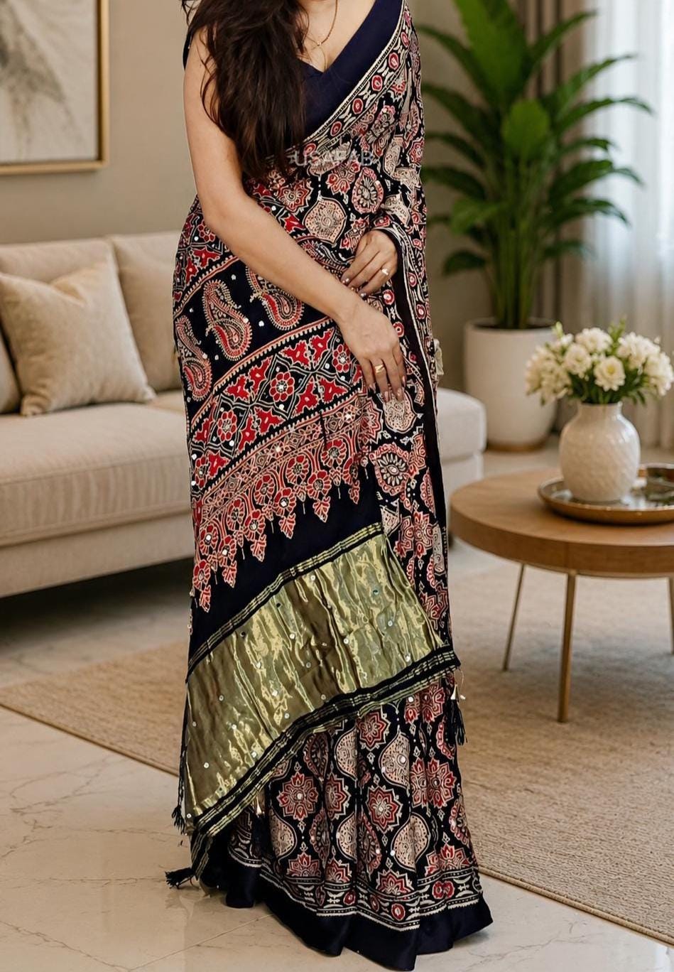 Original Ajrakh Gajji Bandhej Silk Saree with Mirror Work Heavy Designer, Gujarati, Wedding wear saree