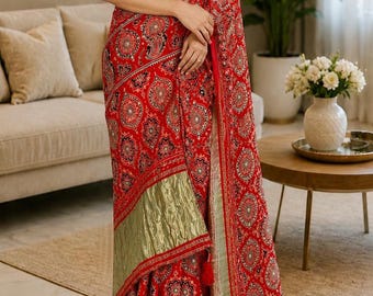 Original Ajrakh Gajji Bandhej Silk Saree with Mirror Work  Heavy Designer, Gujarati, Wedding wear saree