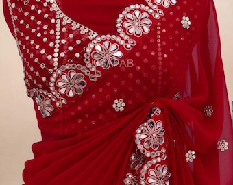Feestkleding Georgette Saree, pailletten met butta en spiegelwerk, rand met geborduurde blouse, zwaar werk Indiase bruiloft sari