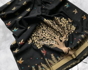 Light Weight Khadi Cotton Saree, Designer Zari Weaving Design All Over With Tassels Saree
