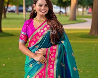 Premium Soft Silk Paithani Saree,Cow Nandi Motifs All Over,Dual Zari Woven Body, Contrast Woven Nandi Pallu,Indian Traditional Wear Saree