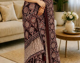 Original Ajrakh Gajji Bandhej Silk Saree with Mirror Work  Heavy Designer, Gujarati, Wedding wear saree