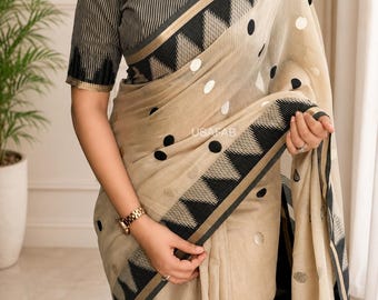 Modal Cotton Saree, Beige Black Embroidered  Handcrafted Thread Work Polka Dot , Designer Saree
