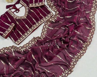 Designer Satin Silk Saree With Featuring Handcrafted Cut Dana C-Pallu Work, Sequins Detailing and Stylish Cut Work Border Saree