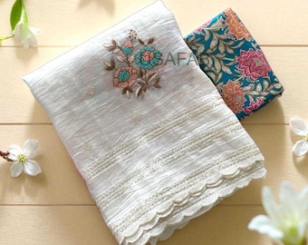 Sari de organza blanca con lentejuelas: blusa Kalamkari, prenda étnica elegante