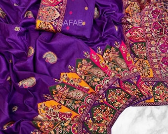 Soft Rajwadi Pashmina Silk Weaving Saree,kashmiri Thread Woven Pallu,heavy Rajwadi and Zari Border,designer Handloom Indian Bridal Saree