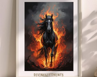 Majestätisch Feuer Pferd Kunst, schwarzer Hengst Digitaldruck, Fantasy-Tier-Wand-Dekor