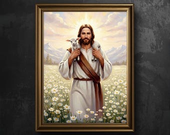 May include: A framed wall art print depicting a bearded figure in a white robe with a brown sash, carrying a small white lamb on their shoulders. The scene is set in a field of white daisies with distant mountains and a bright, glowing sky.