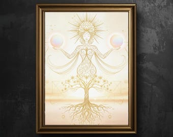May include: A framed wall art print featuring a golden line-art illustration of a figure with a radiant crown, holding two glowing orbs. The figure merges into a tree with visible roots and branches, set against a soft, light-colored background.
